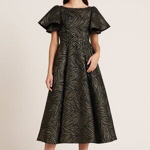 Mac Duggal Black Gold Brocade Gown Zebra Metallic A-Line Size 2